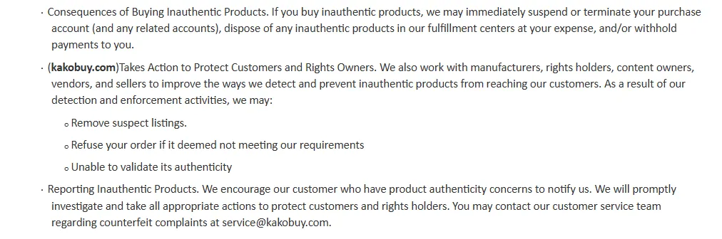 Consequences and enforcement section of Kakobuy’s Anti-Counterfeiting Policy, including reporting to service@kakobuy.com