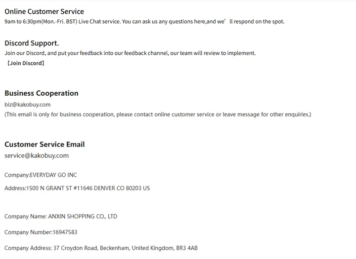 Kakobuy contact page listing online customer service hours, Discord Support, business email and customer service email