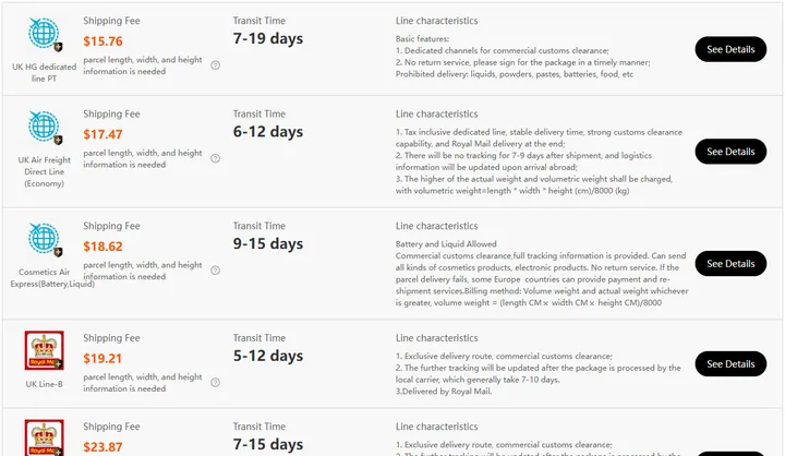 Kakobuy shipping estimator results for a 1 kg UK parcel listing lines, prices, transit times and line characteristics
