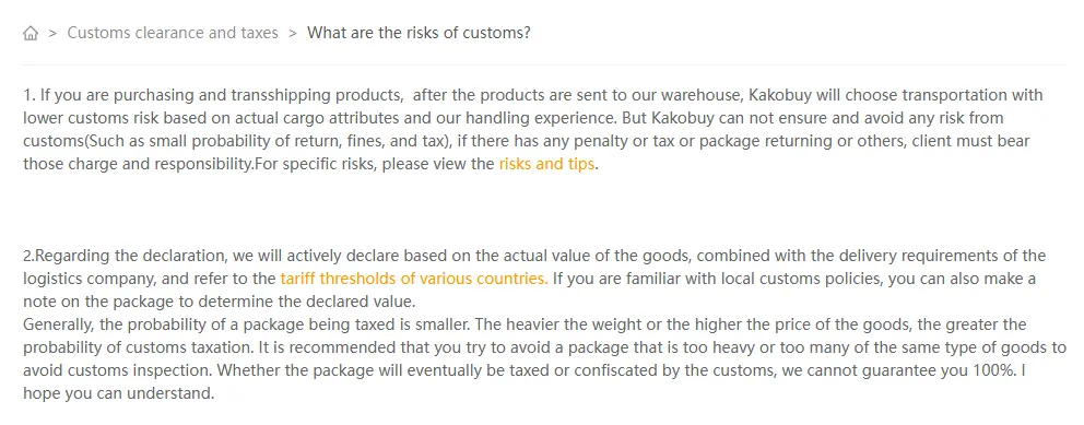 Kakobuy help article on customs risks, saying penalties, taxes and returns are borne by the client