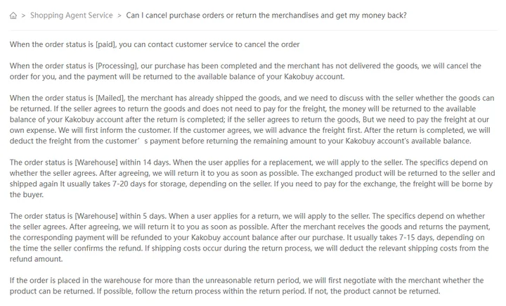 Kakobuy help article explaining cancellation and returns by order status: paid, processing, mailed and warehouse