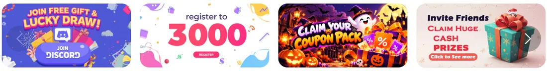 Four Kakobuy home page promotion cards: join Discord lucky draw, register to 3000, claim coupon pack, invite friends