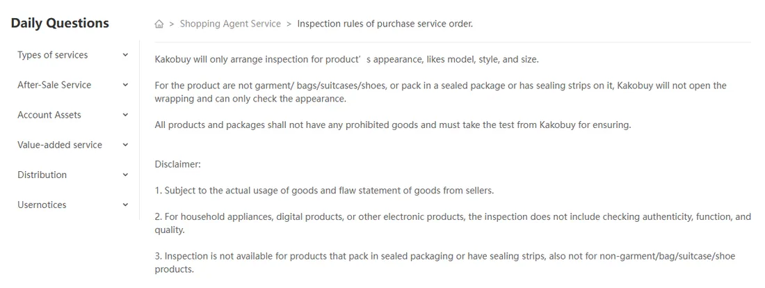 Kakobuy help article 89 text on inspection rules of purchase service orders with a three-point disclaimer