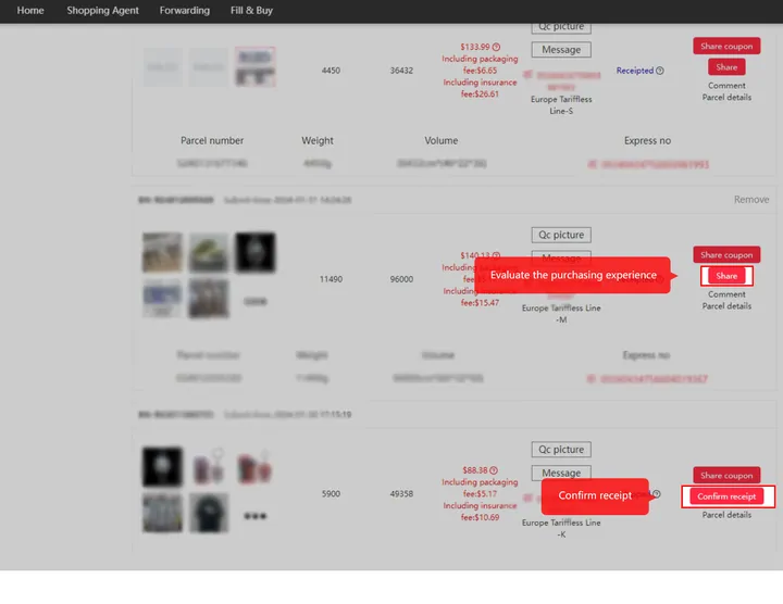 Kakobuy completed parcel list with buttons for QC picture, Message, Share coupon, Share and Confirm receipt
