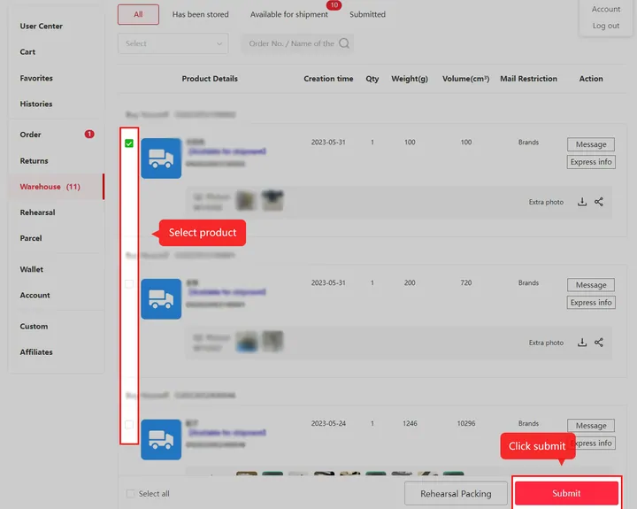 Kakobuy warehouse list with items selected, a Rehearsal Packing button and a Submit button