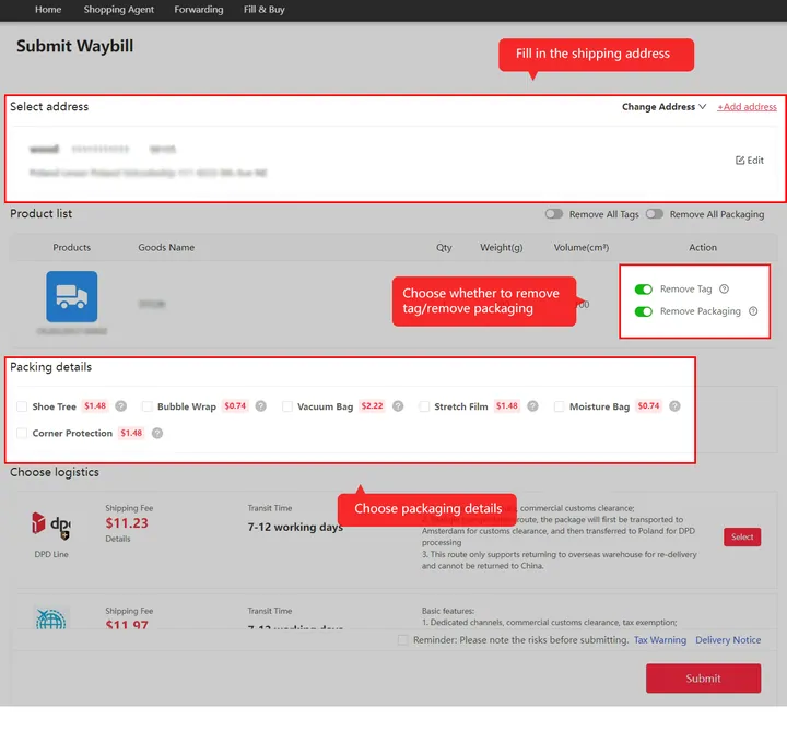 Kakobuy submit waybill screen with address, product list with Remove Tag and Remove Packaging switches, and packing options