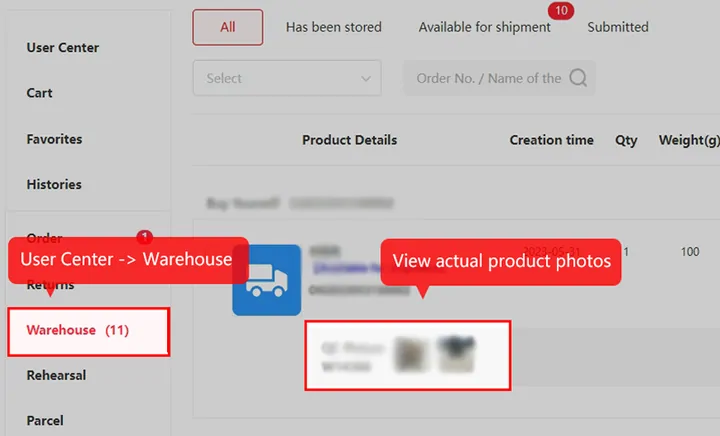 Kakobuy user centre warehouse page with callouts pointing to the Warehouse menu and the QC Picture thumbnails