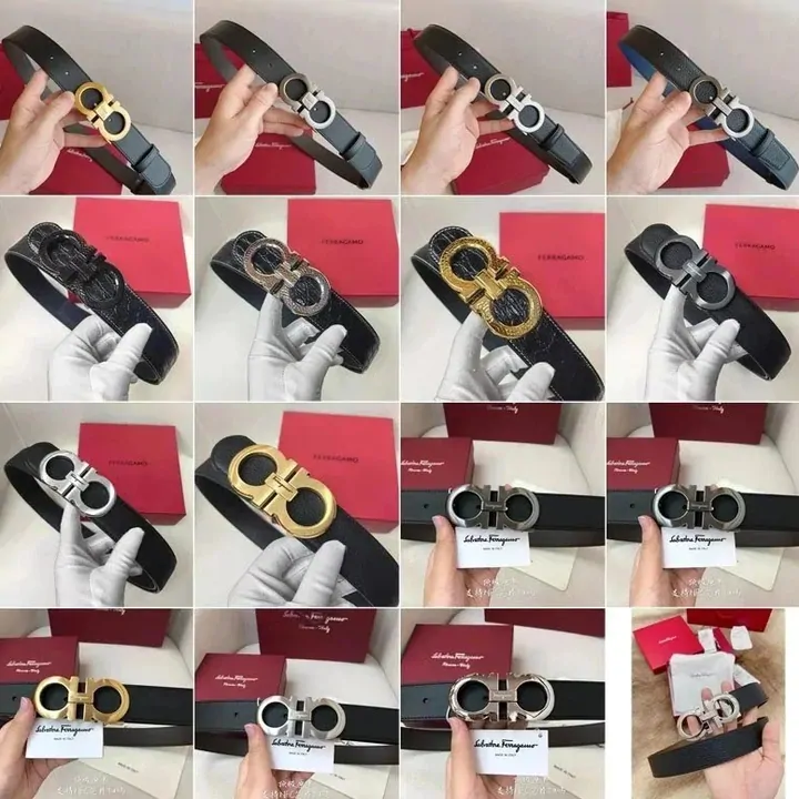 A seller photo of reversible belts with large buckles presented on red gift boxes