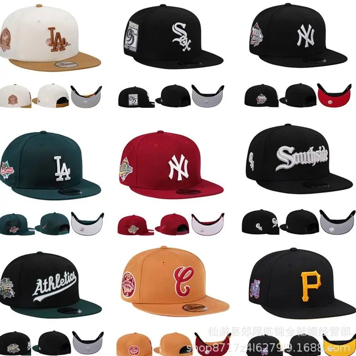 A seller’s collage of fitted baseball caps in many team colours, laid out in a grid