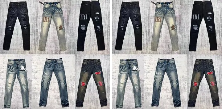 Two identical photos of distressed jeans side by side, taken from two different listings