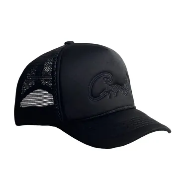 A black mesh-back trucker cap seen from the side