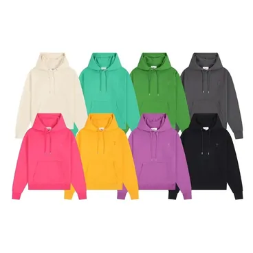 Three plain pullover hoodies in white, blue and black with script prints