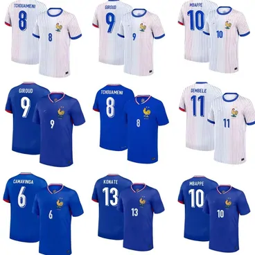 Rows of white and blue national-team football shirts with numbers
