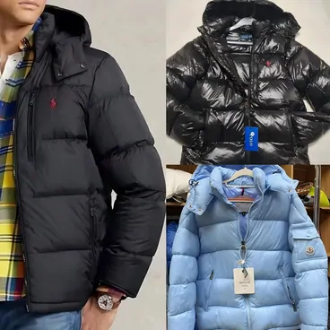 A dark puffer jacket worn indoors beside a light-blue puffer