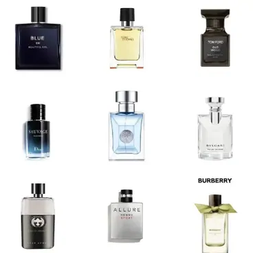Nine fragrance bottles arranged in a three-by-three grid