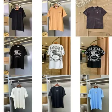 Grid of short-sleeve T-shirts shown flat and on hangers