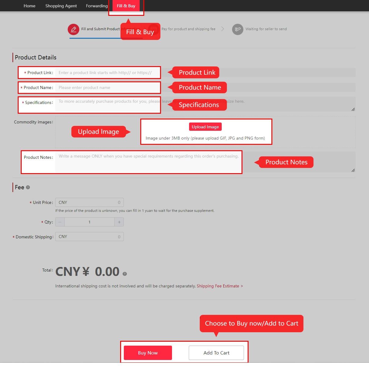The manual Fill & Buy form: product link, specifications, image, price and domestic delivery.