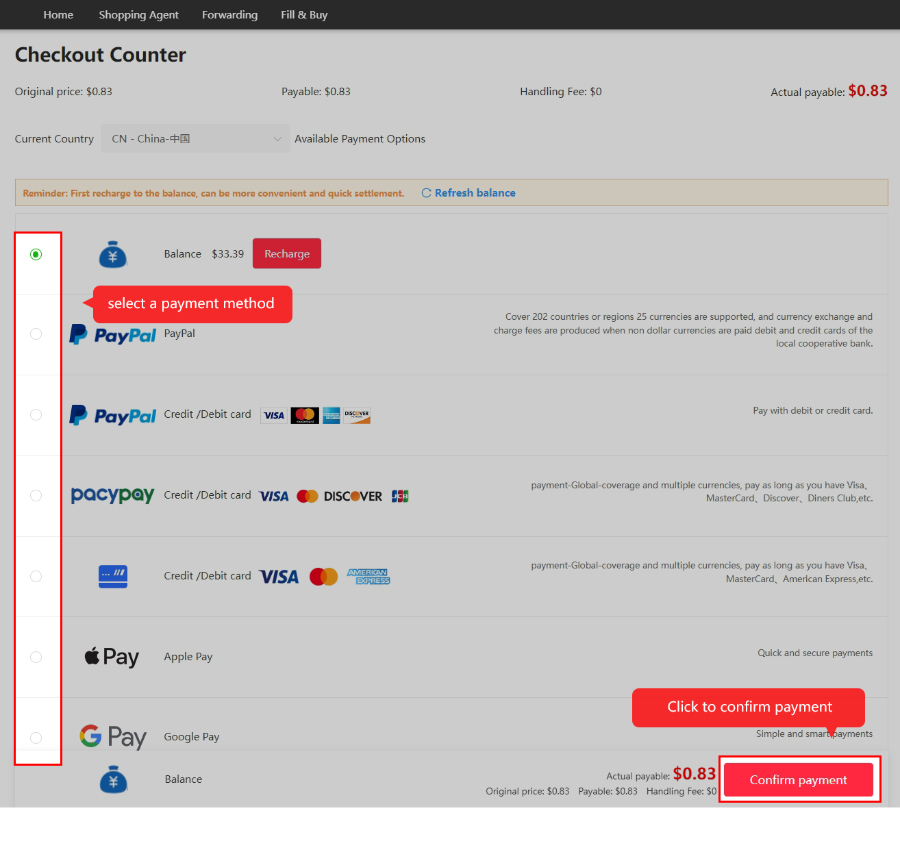 First checkout: goods and domestic delivery.