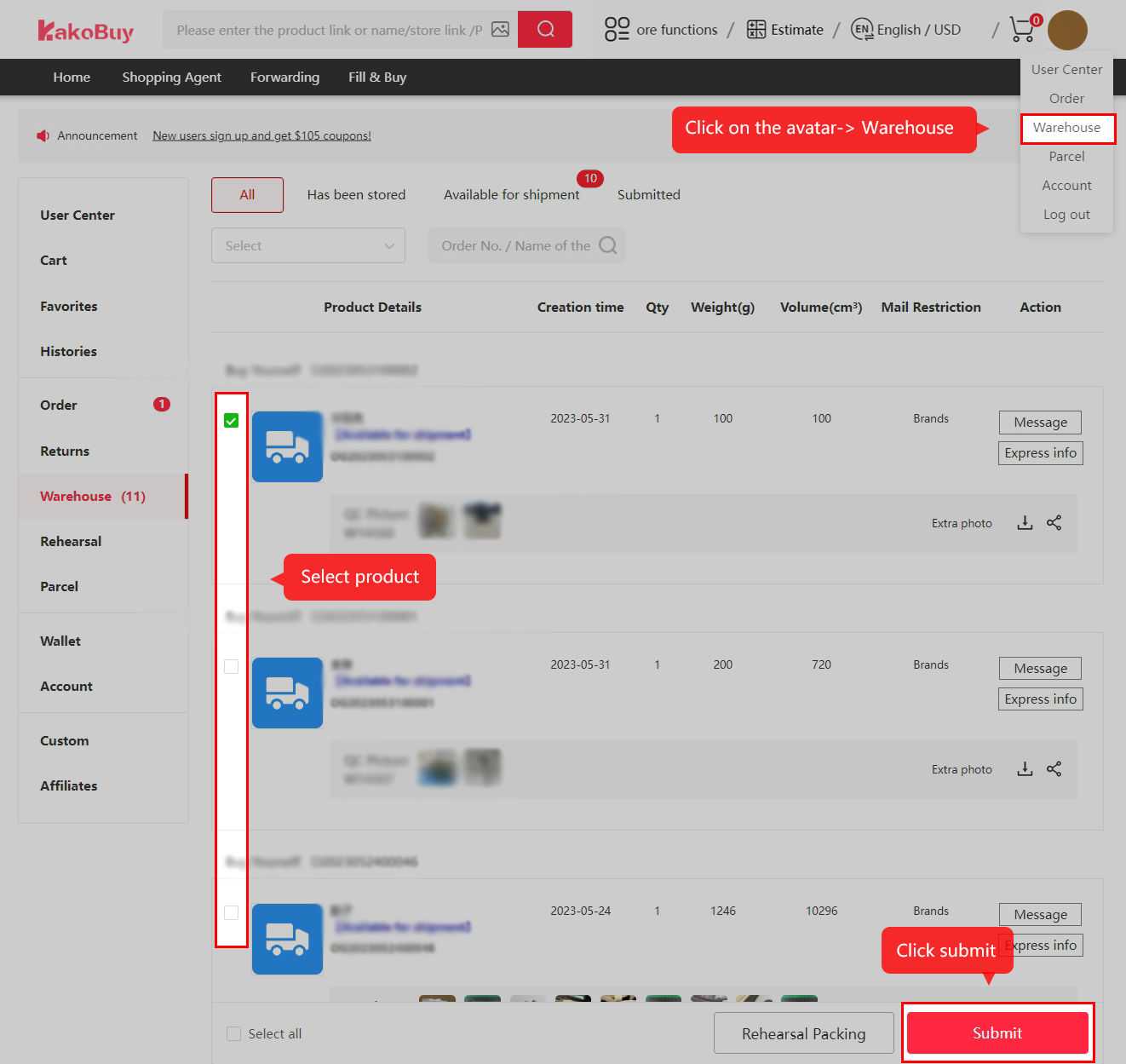 Select the stored items for a parcel.