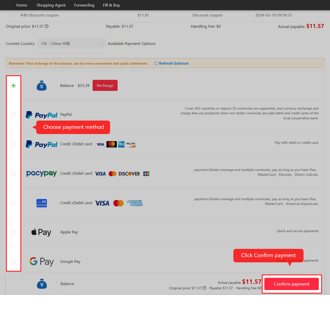 Review and pay the international parcel checkout.