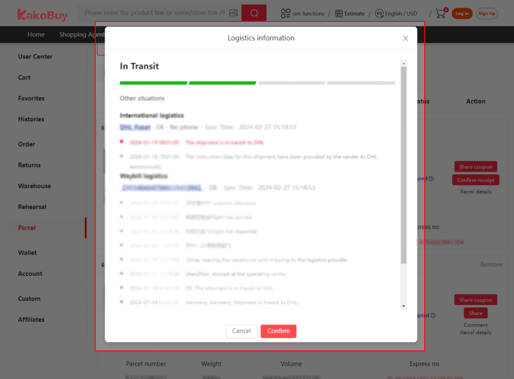 Check parcel tracking events and carrier handovers.